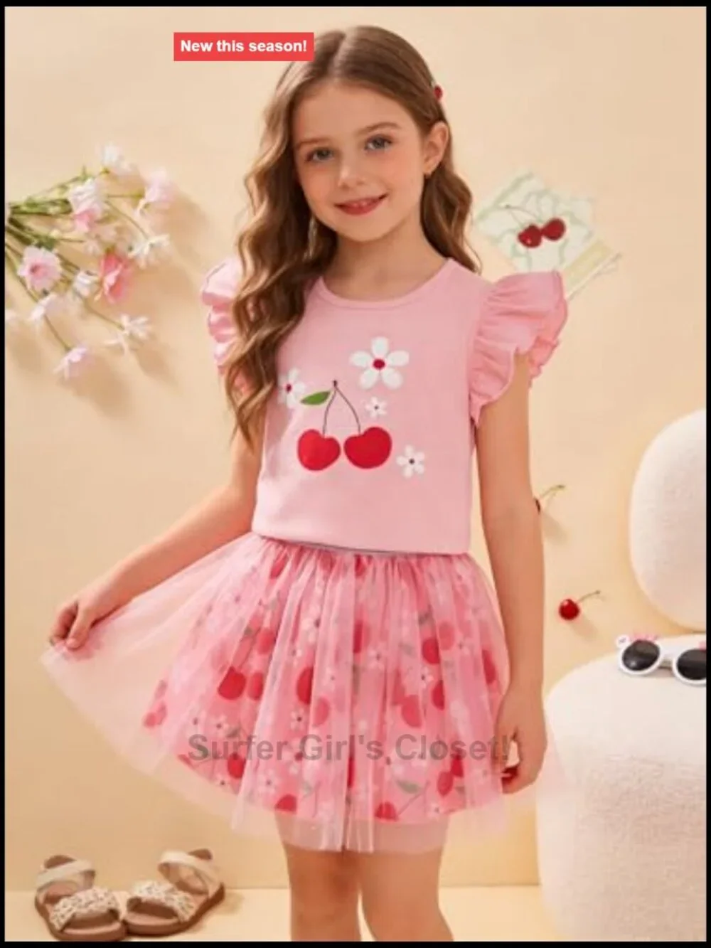 Girls Tulle Skirt Set Two Piece Ruffle Sleeve Tutu Dress Summer Birthday Outfit
